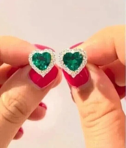 2.50CT Heart Shape Lab Created Emerald Halo Stud Earrings 14K White Gold Plated