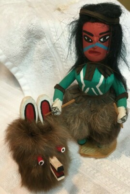 Wolf Dance Kachina doll 8'' Carving rabbit fur Hand Painted Signed Removable Mask