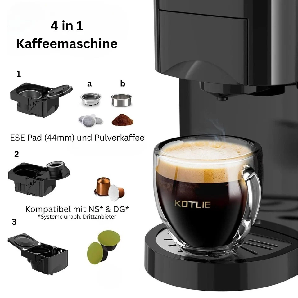 4in1 Kaffeemaschine 4 Aufsätze Kapselmaschine Pulverkaffee Padkaffeemaschine - Bild 2 von 4