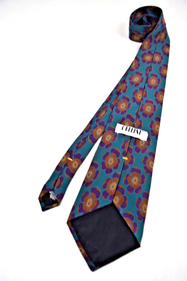 Gravata de pescoço vintage Cellini anos 70 seda azul-petróleo roxo e flores marrons 56" X 3,75" - Imagem 4 de 4