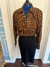 VTG 90s Cheetah Print Brown + Black Knee-Length Secretary Pencil L/S Dress - MD