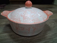Blue Harbor Stoneware Round Casserole Dish Lid White W/Pink Peach Floral Pattern