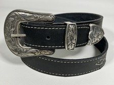 Women s M/28 Black English Bridle Bonded Leather Western Belt Silver Floral