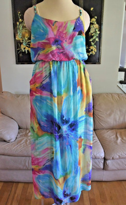 BISOU M. Bohbot Chiffon Watercolor Blouson Maxi Dress Beaded Straps/Pockets-14