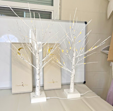 Lighted Birch Twig Tree Lamps Set of 2 24  Tall Warm White LED Battery  USB New