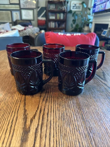 Luminarc Arcoroc Ruby Red Tempered Glass Coffee Cups Mug France Vintage Set Of 5