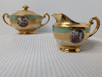 Le Mieux China Coffee Creamer & Sugar 24K Gold Set Three Graces Greco-Roman Vtg