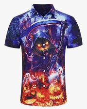 HALLOWEEN Silly Short Sleeve Ugly Bad Taste SHIRT Ghosts Bats Cats Med NEW
