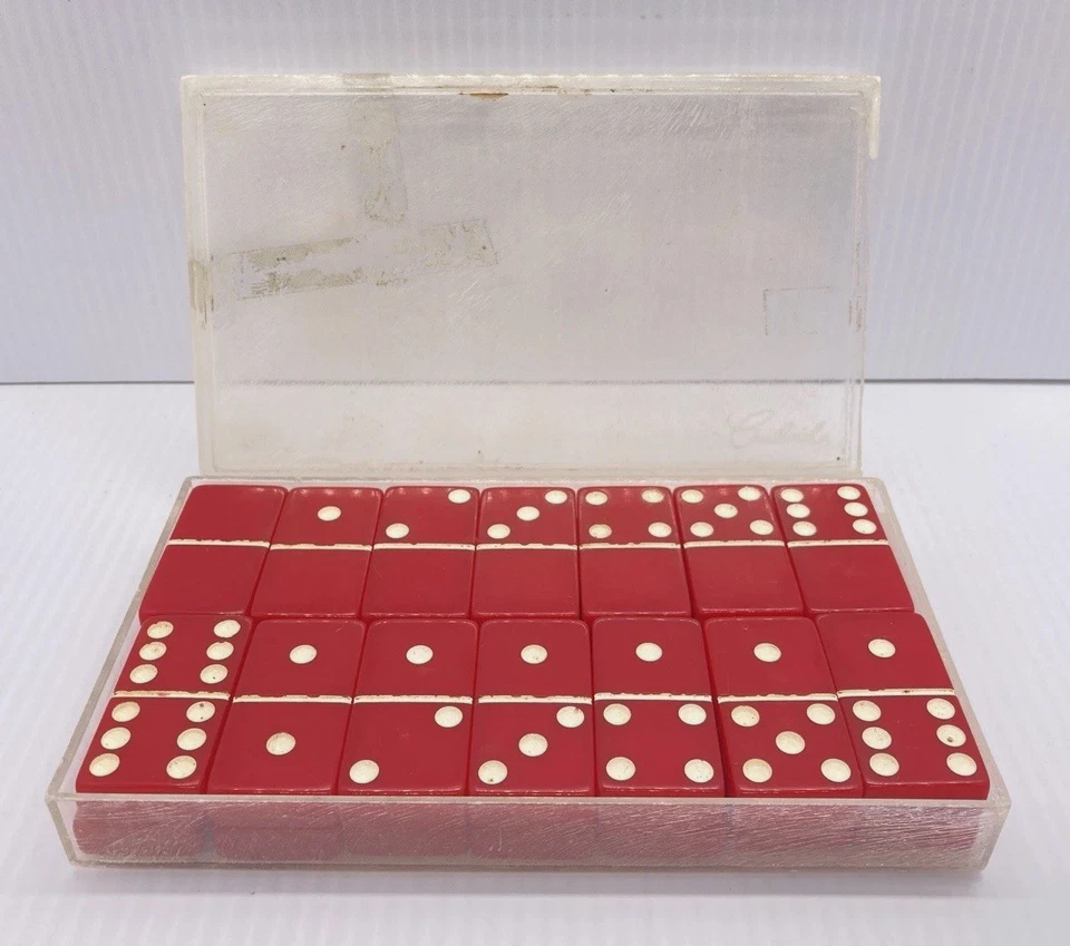 Vintage CRISLOID Set of 28 RED DOMINOES with Damaged Original Case - Image 3 of 4