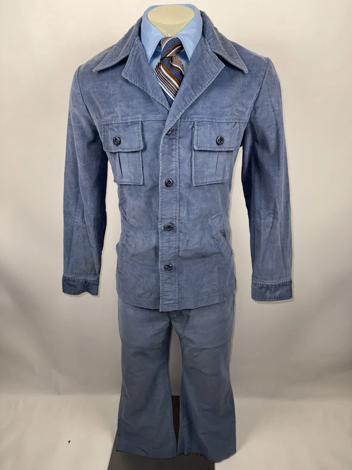 Vtg 60s 70s Leisure Suit Corduroy Mens 44 Jacket Coat 33 27 Pants Disco Mod Blue - Image 3 of 4