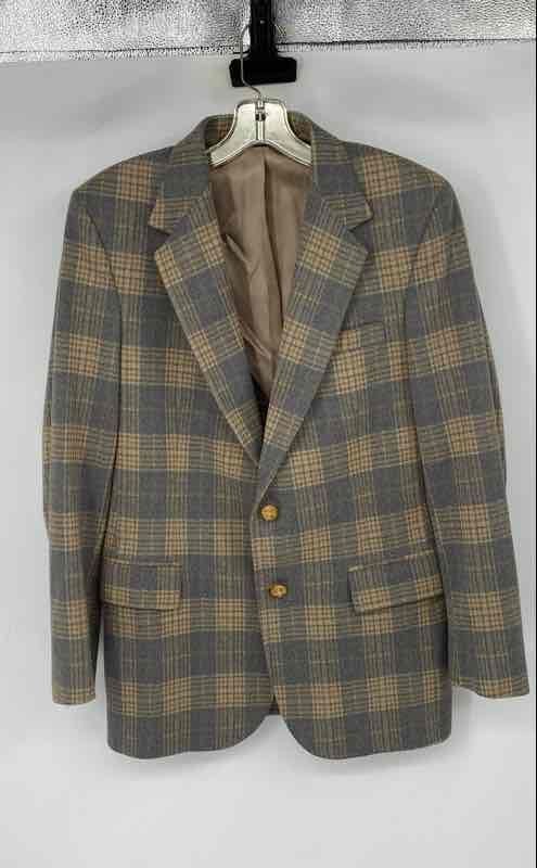 Vintage Tailored By Haggar Mens Yellow Blue Plaid Single-Breasted Blazer Size 40