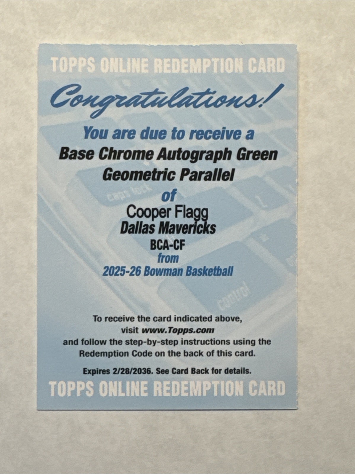 2025 Bowman Chrome Green Geometric auto Cooper Flagg RC /99 unused redemption