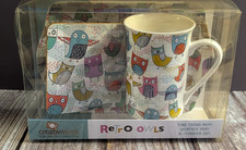 NEW BOXED Retro Owls Patterned Mug, Coaster & Scatter Tray Set