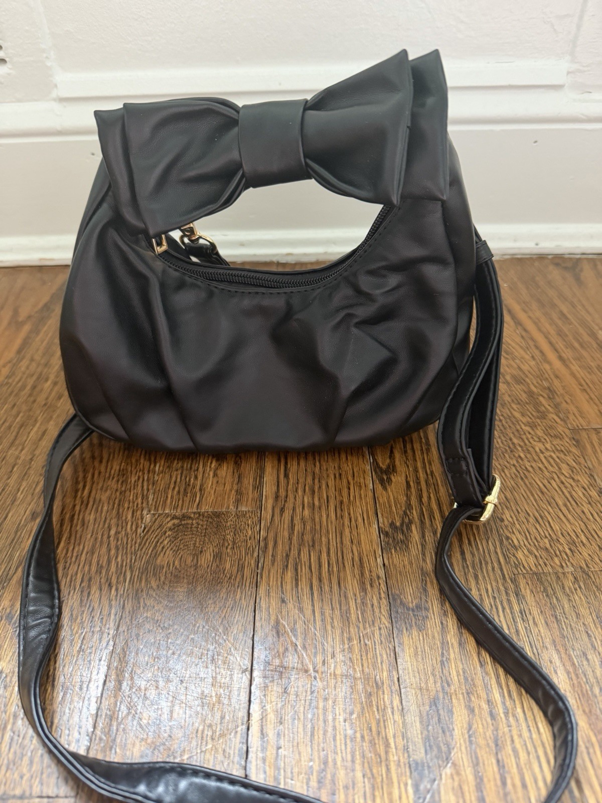 Women’s Black Small Crescent Hobo Bag Bow Top Handle Detachable Strap Zip Gold