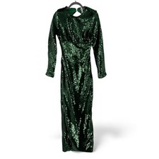 HOUSE OF CB Belle Pine Green Small Sequin Open Back Long Sleeve Maxi Dress