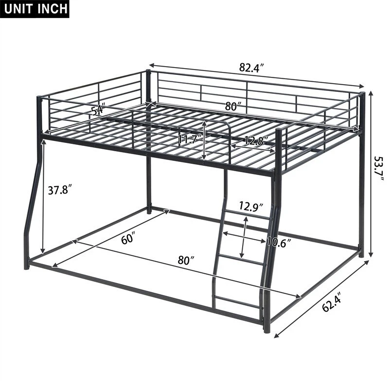 Full XL over Queen Black Metal Floor Bunk Bed Heavy Duty Bed Frames Kids Adult  - Image 2 of 4