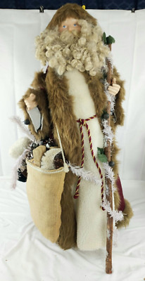 34'' X 16''  ST. NICK OLD WORLD SANTA CREAM MAROON FABRIC CARRYING GIFTS INDOOR