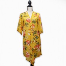New Emory Park Women Size M Yellow Floral Kimono Embroidery Trim Beautiful Sheer