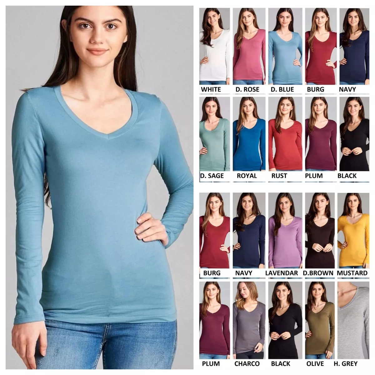 Women Junior Size Basic V-Neck Long Sleeve Cotton Span Top Tunic | eBay