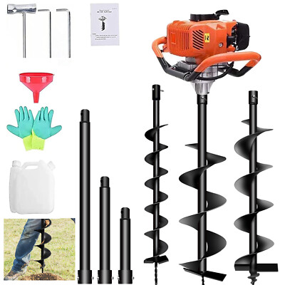 72CC 4HP Gas Powered Post Hole Digger w/ 3 Extension Rods + 3 Auger Bits