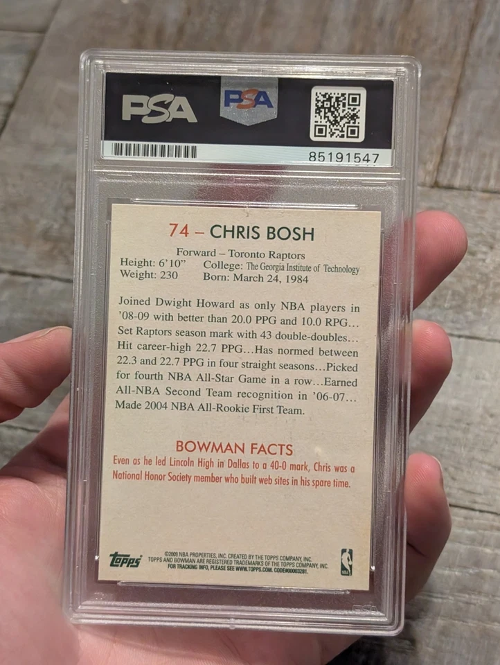 Tarjeta autografiada por Chris Bosh 2009 Bowman #74 Toronto Raptors certificada PSA/DNA Foto 3 de 3