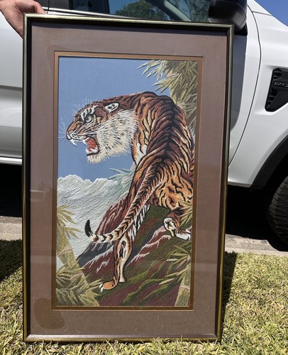 Framed Tiger and Bamboo Needlepoint Finished Embroidered SILK Wall Art Picture