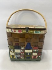 VINTAGE 1960  s CARO NAN HAND PAINTED WOOD WOVEN TRAVEL BASKET PURSE WITH HANDLE