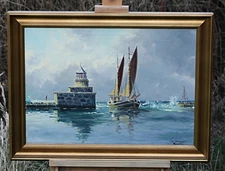 Theodor Skovgaard – Sailing Ship In Front Of Lighthouse – Oil On Canvas – Signed