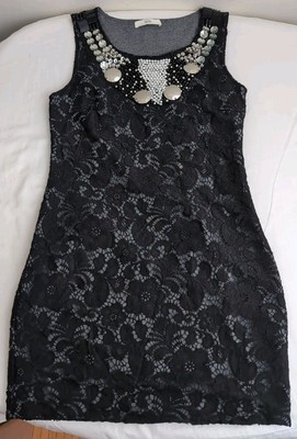 Prada Womens Jewel Neck Silk Cotton Lace Sleeveless Black Mini Dress Size 4
