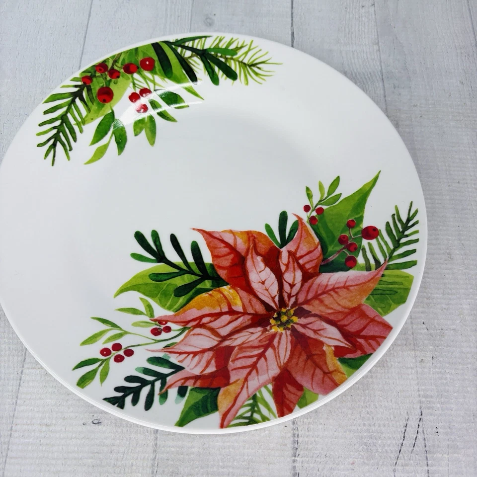 Juego de 4 platos de cena de Navidad Gibson MAGIC POINSETTIA de porcelana floral roja Foto 2 de 4