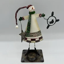 CUTE Folk Art Tin Metal Snowman Figure w/Tea Light Candle Holder 8"