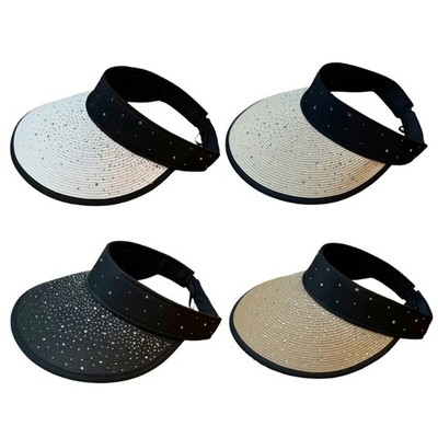 Jeweled Straw Hat Elegant Strass Breathable Empty Top Wide Brimmed Hat