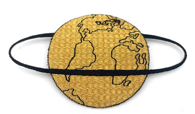 Planet Earth Iron On Patch Embroidered Metallic Gold Black 5''