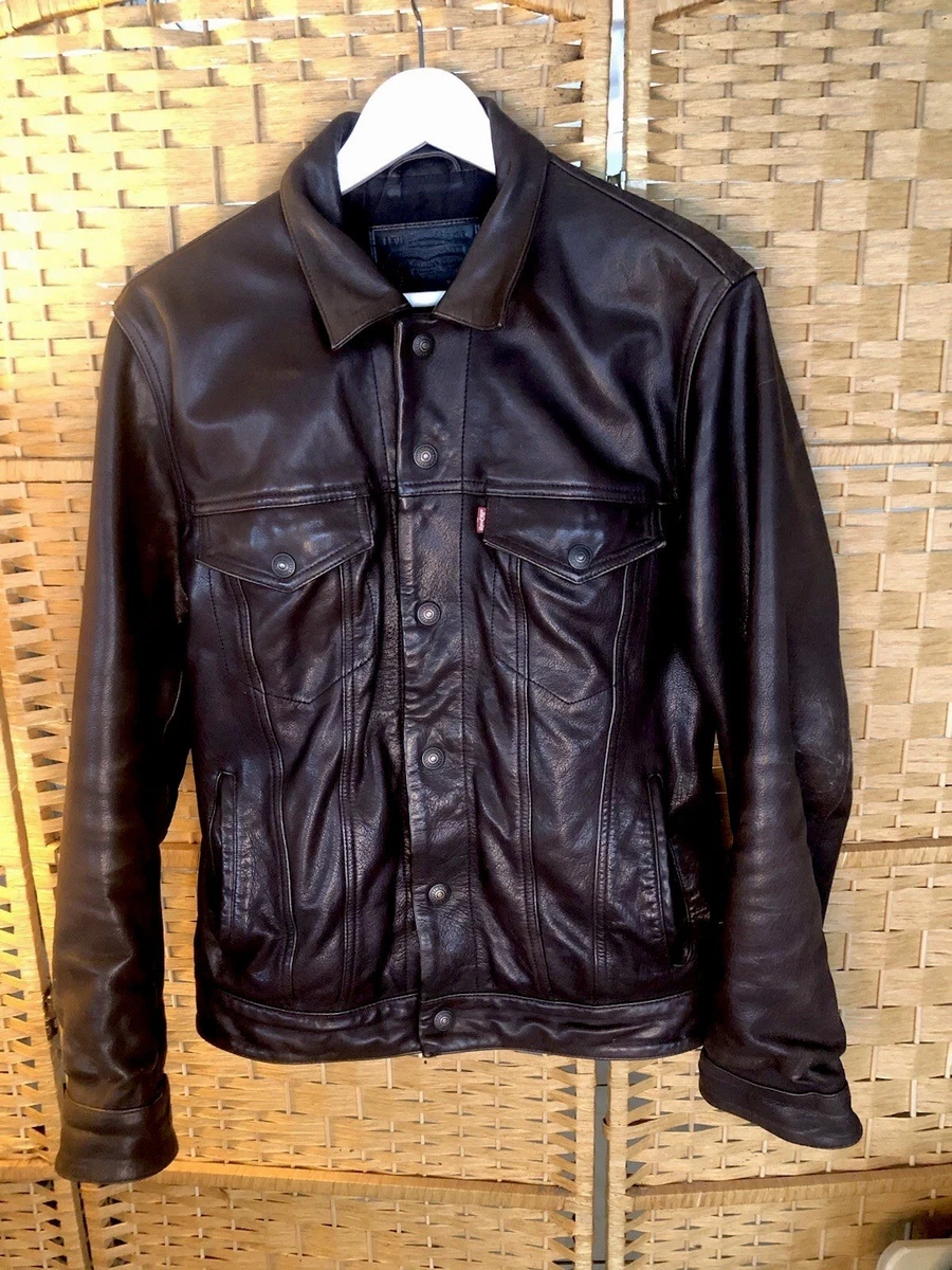 フクスキ~90s Levi's / leather jacket Vintage 90's Levis Heavy Black Leather Trucker Jacket (Size M