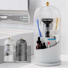 White Toothbrush Holder With Sliding Lid Bathroom Counter Organizer Storage Bin
