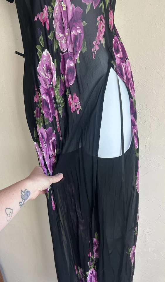 Vintage Dressbarn Sheer Floral Maxi Dress Tunic M Dainty Fairy Grunge High Slit - Image 4 of 4