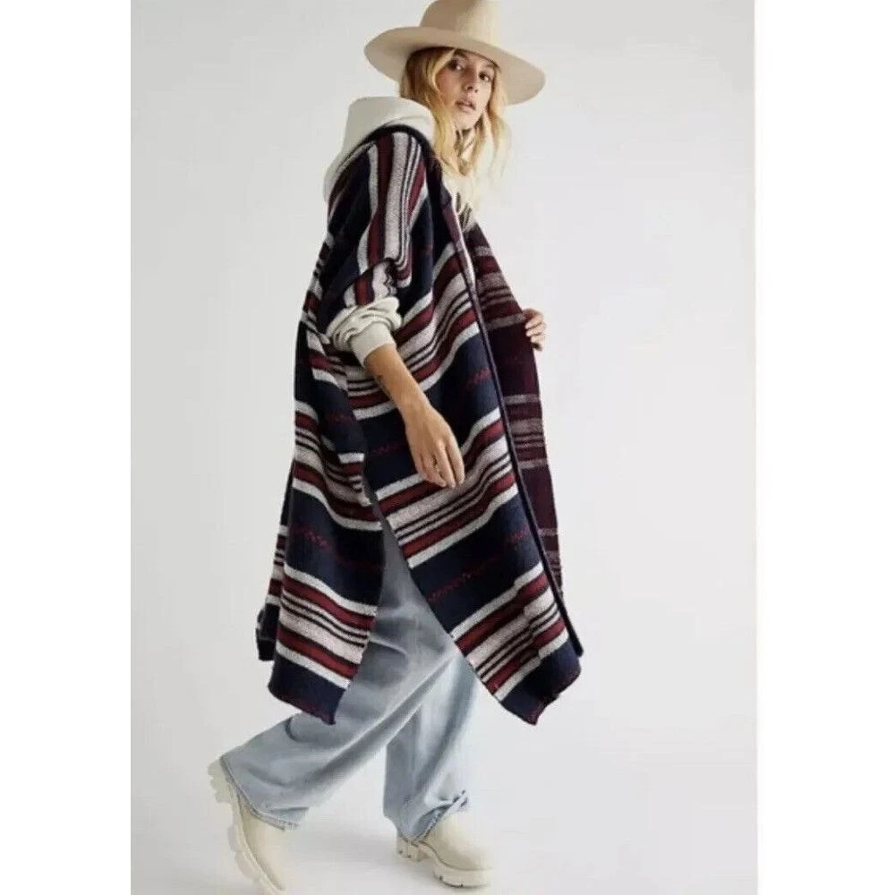 Free People Cold Canyon Hooded Poncho Striped Hooded Oversized Blue Red Boho O/S