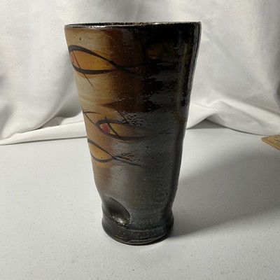 Handmade Studio Art Pottery Vase Rustic Fish Pattern Earth Tones 7'' Tall Vessel