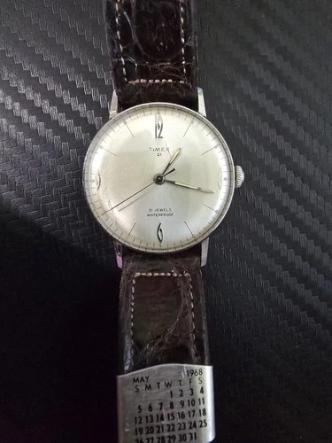 Vintage 1960s Timex Marlin 21 Jewels Silver Tone Men's Manual Wind - Runs Great