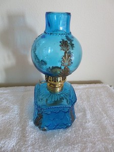 Antique miniature oil lamp, Smith 1,   fig. 257 in Blue Opalescent blue