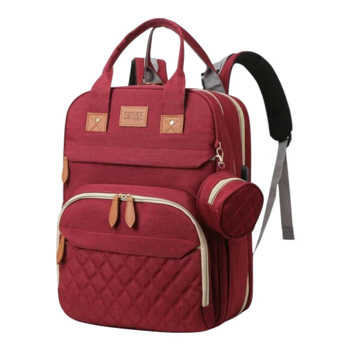 SUNSHINE Diaper Bag Backpack Red Gray with Changing Pad Adjustable Strap Zipper
