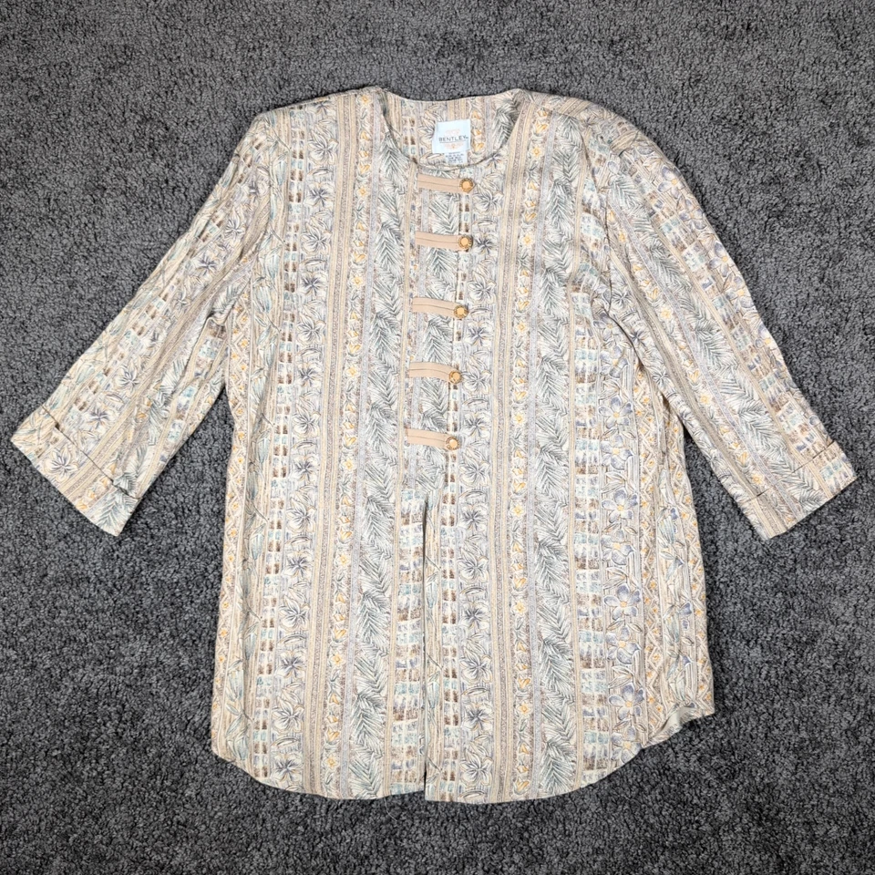 De colección T.R. Conjunto de 2 piezas blusa pantalones para mujer Bentley 14/12 beige floral rayas usado en excelente estado Foto 2 de 4