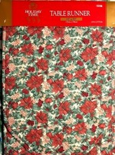 Holiday Time Poinsettia Quilted Table Runner 13" x 70" NWT