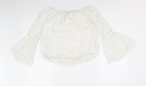 Quiz Damska biała kwiatowa poliestrowa przycięta bluzka rozmiar M off the shoulder - dzwonek - Zdjęcie 1 z 12