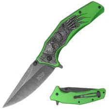 8" DARK FANTASY BLADES SKULL PRINTED SPRING ASSISTED METAL FOLDING KNIFE GREEN