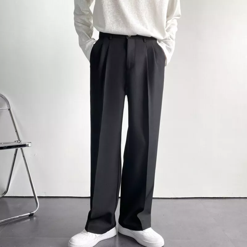 Mens Straight Suit Pants Loose Casual Wide Leg Trousers Business Office Pants