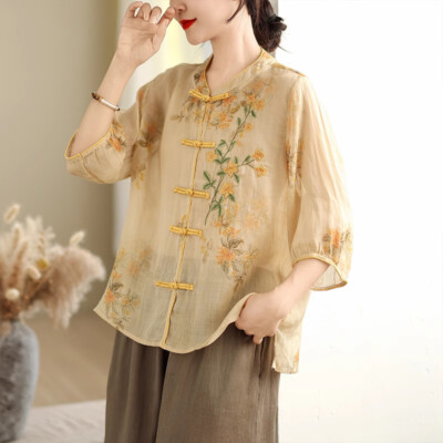 Bestickt Shirt Tops Bluse T-Shirt Chinesisch Ethnisch Frosch Knopf 3/4 Ärmel