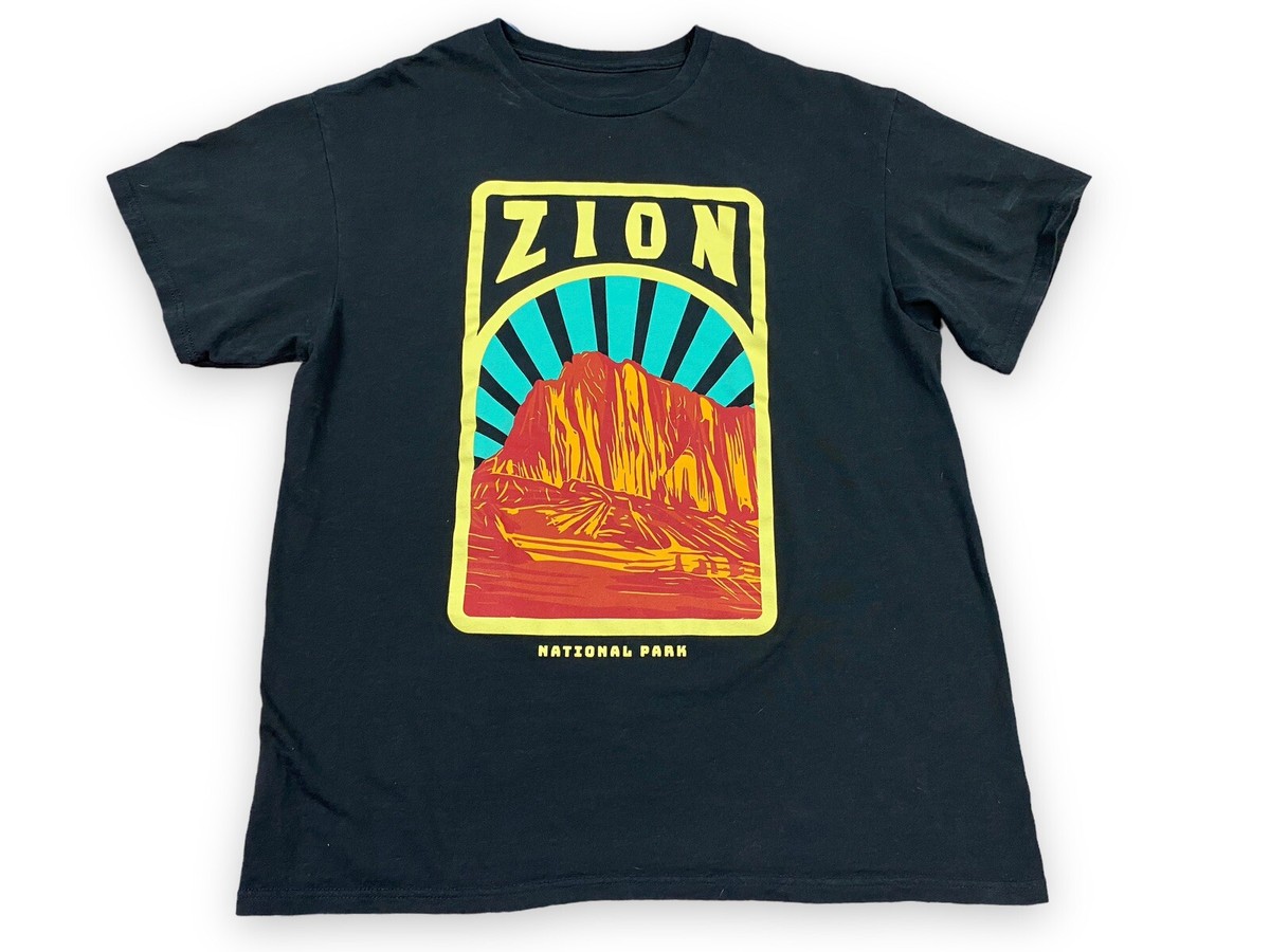 ZION National Park T Shirt Black Short Sleeve Outdoors Retro Bold