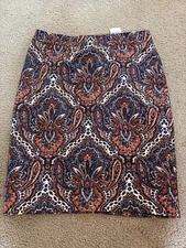 New J Crew Raj Paisley No 2 Pencil Skirt Size 4 Red Blue Back Vented Slit
