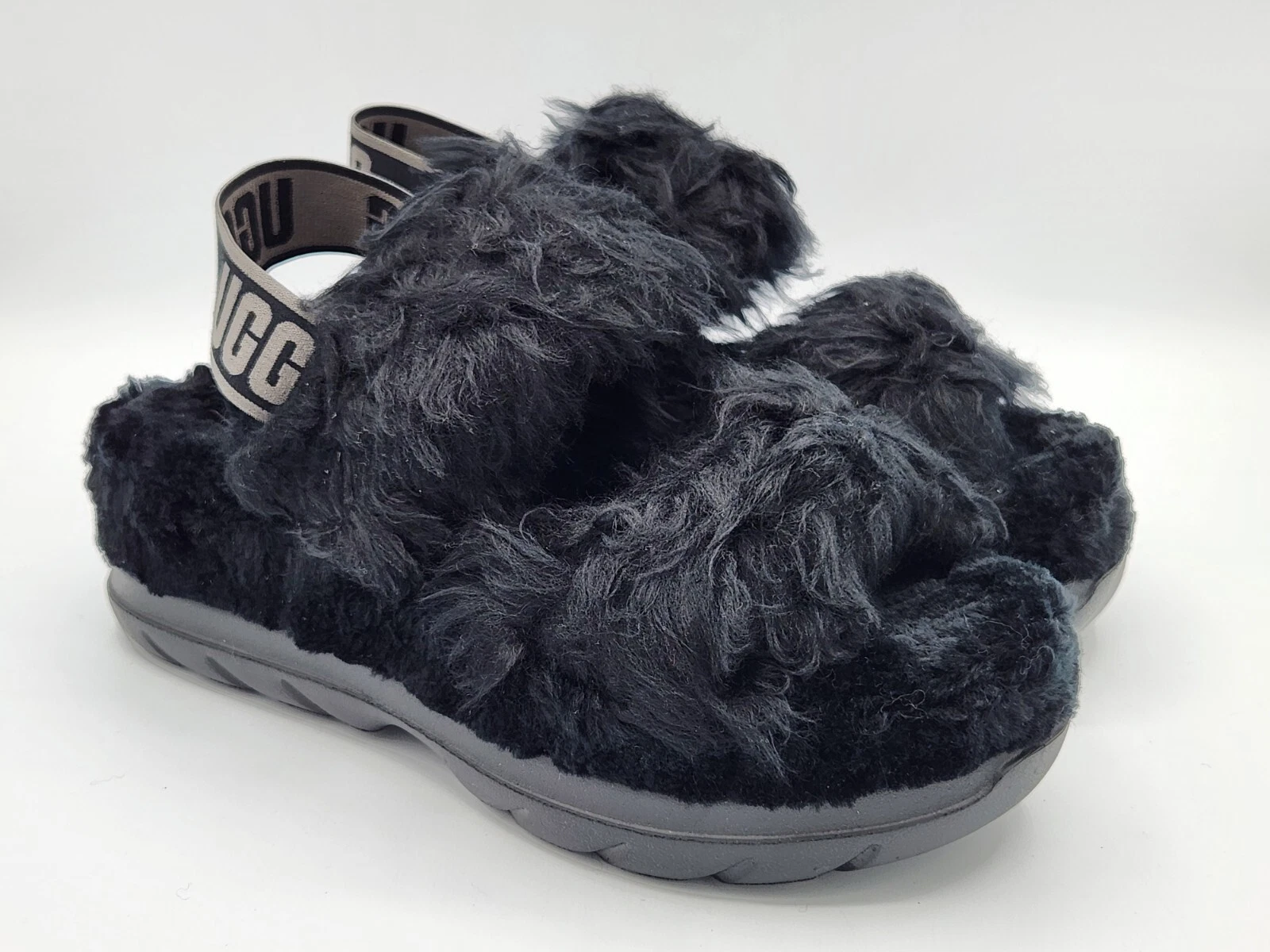UGG Fluff Yeah nero grigio ecopelliccia sandalo slide slipper 1095119 taglia 7